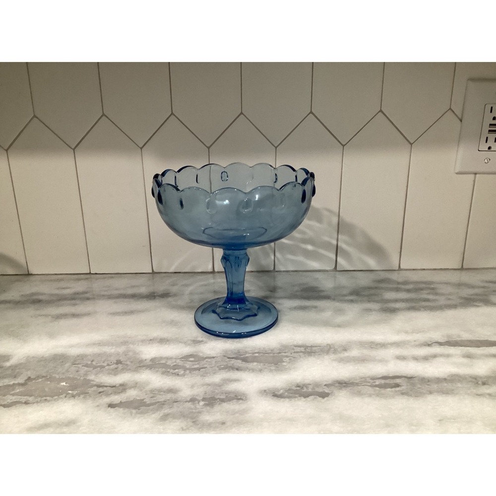 Vintage‎ Indiana Glass 7.5" Pedestal Compote Teardrop Blue With Scalloped Rim